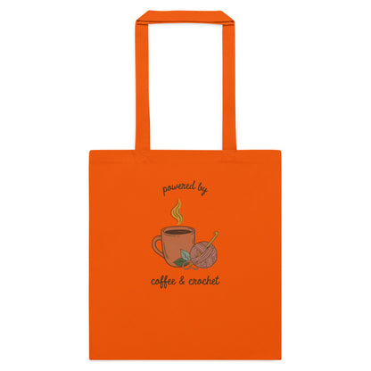 Powered by Coffee and Crochet cottagecore crochet cotton tote bag — Orange, flat