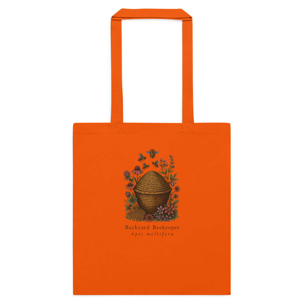 Backyard Beekeeper field-guide bee cotton tote bag — Orange, flat