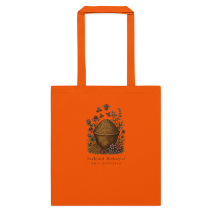 Backyard Beekeeper field-guide bee cotton tote bag — Orange, flat