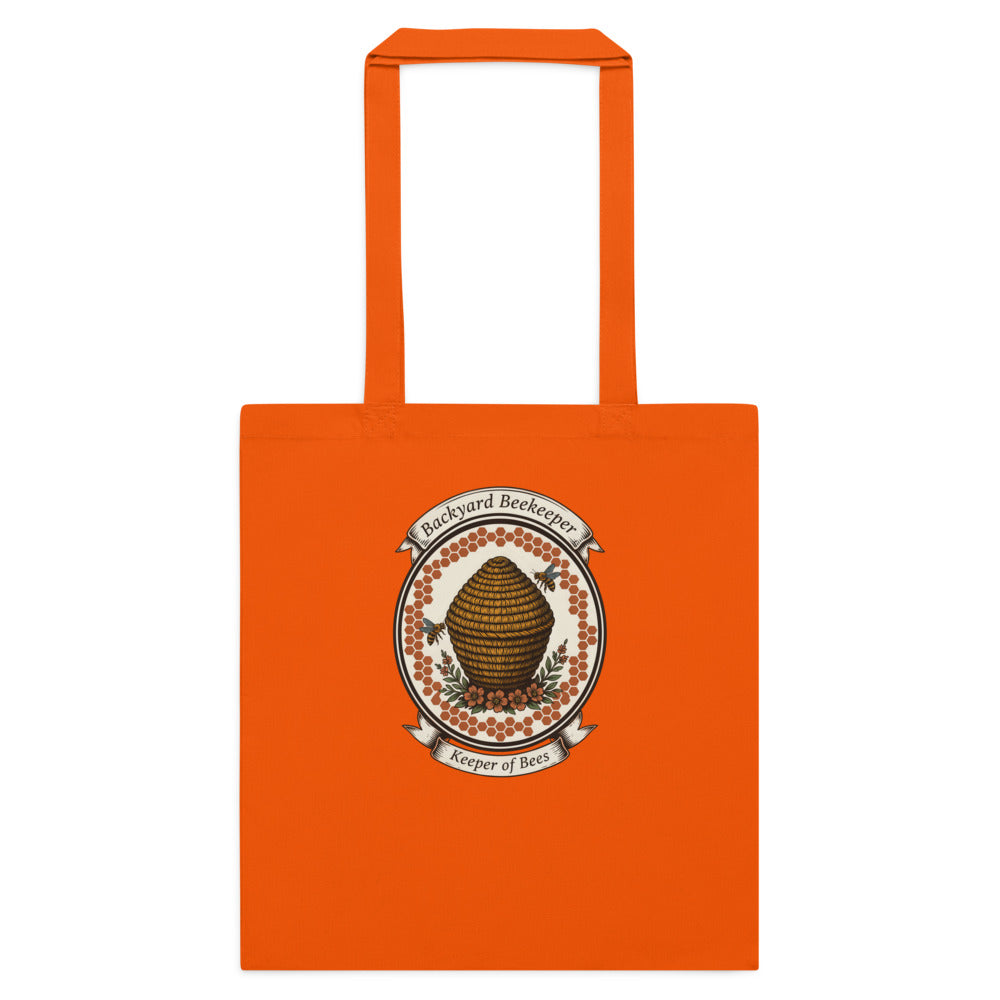 Backyard Beekeeper Keeper of Bees vintage apiary crest cotton tote bag — Orange, flat