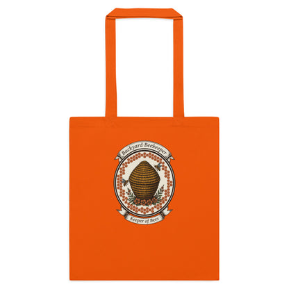 Backyard Beekeeper Keeper of Bees vintage apiary crest cotton tote bag — Orange, flat
