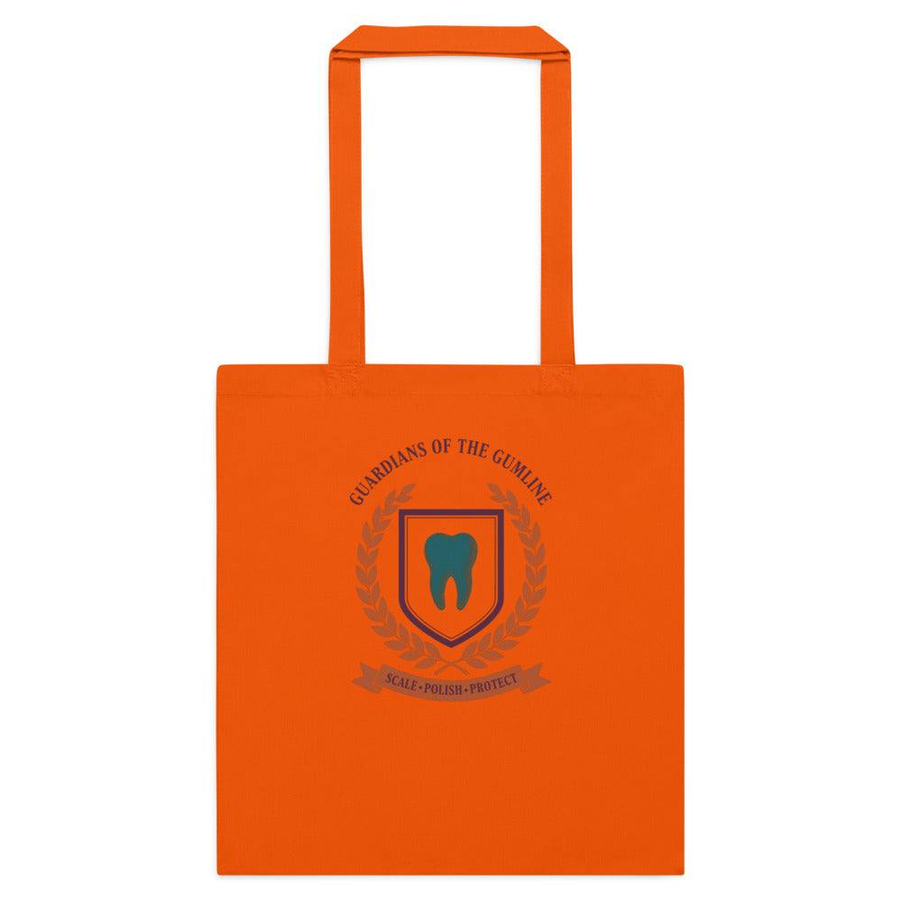 Guardians of the Gumline dental hygienist cotton tote bag — Orange, flat