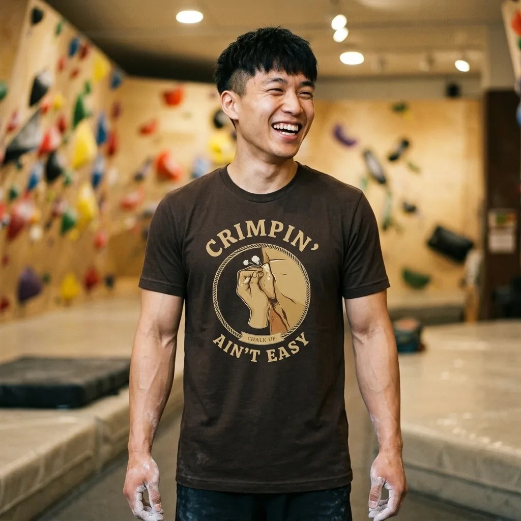 Crimpin' Ain't Easy bouldering badge t-shirt — lifestyle