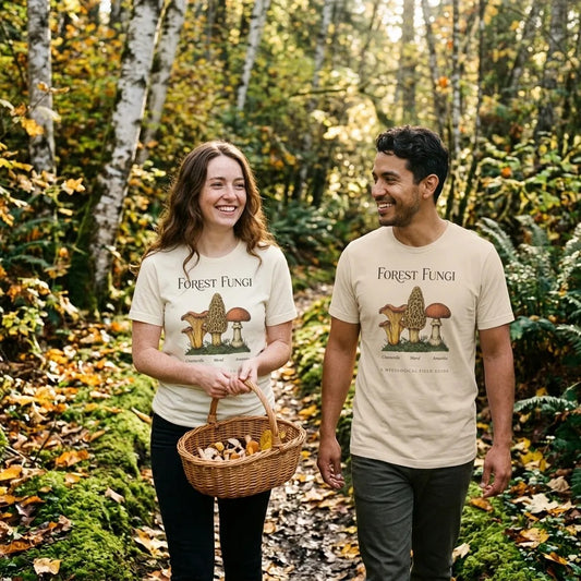 Forest Fungi vintage mushroom field guide tee — lifestyle