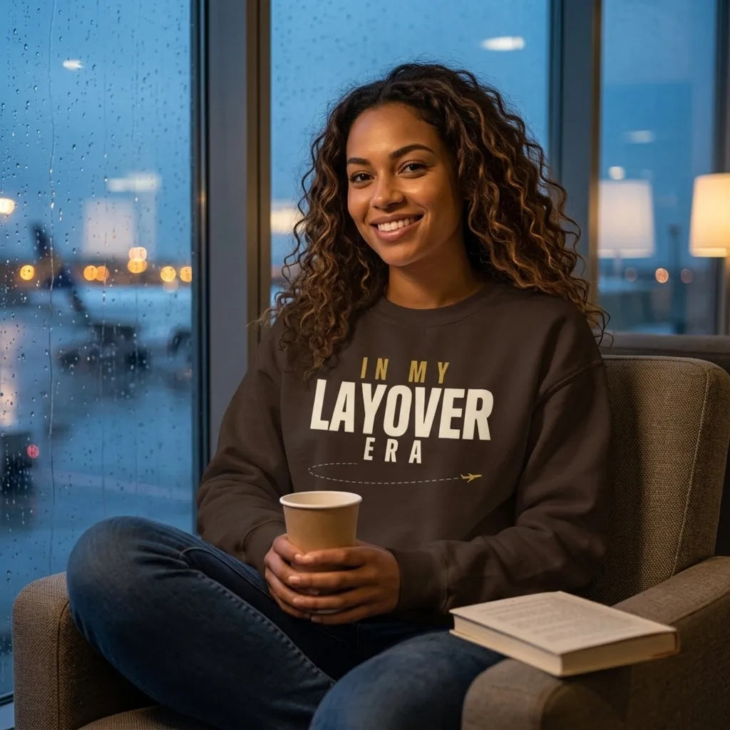 In My Layover Era flight attendant crewneck sweatshirt — lifestyle
