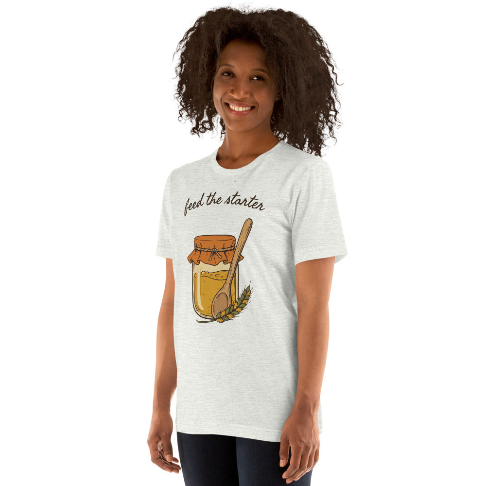 Feed The Starter sourdough baker tee — Ash, on model