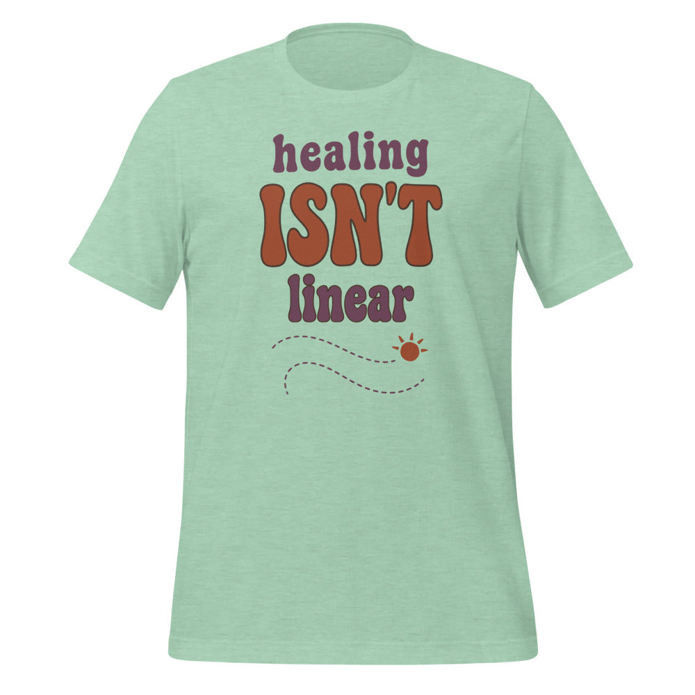 Healing Isn't Linear soft retro mental health tee — Heather Prism Mint, front