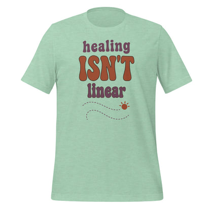 Healing Isn't Linear soft retro mental health tee — Heather Prism Mint, front