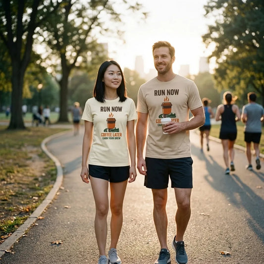 Run Now Coffee Later tee on a couple — woman in Natural, man in Soft Cream — golden-hour park run