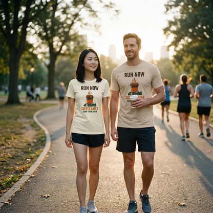 Run Now Coffee Later tee on a couple — woman in Natural, man in Soft Cream — golden-hour park run