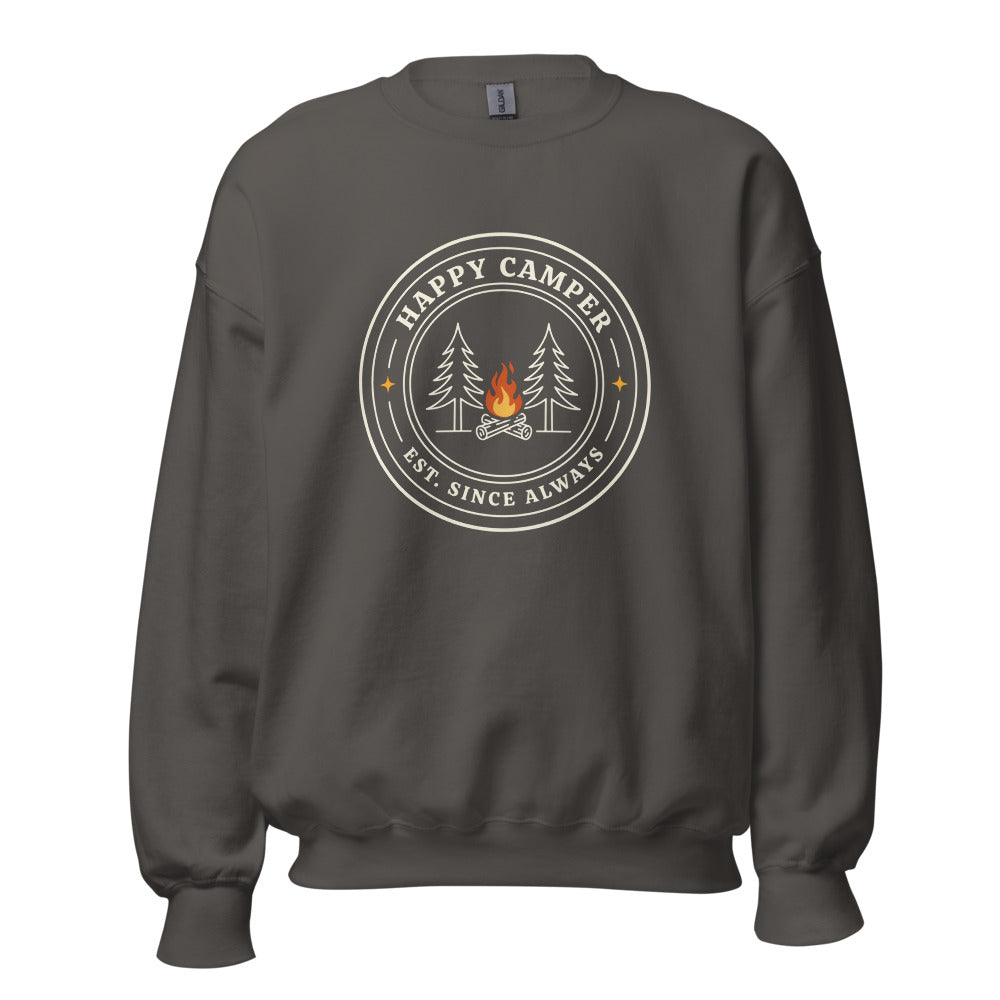 Happy Camper retro camp badge crewneck sweatshirt — Charcoal, front