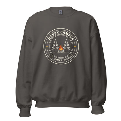 Happy Camper retro camp badge crewneck sweatshirt — Charcoal, front