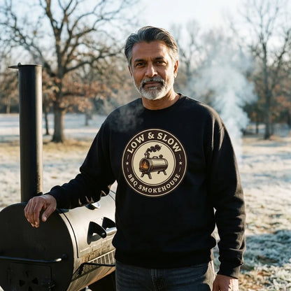 Low & Slow BBQ smoker crewneck sweatshirt — lifestyle