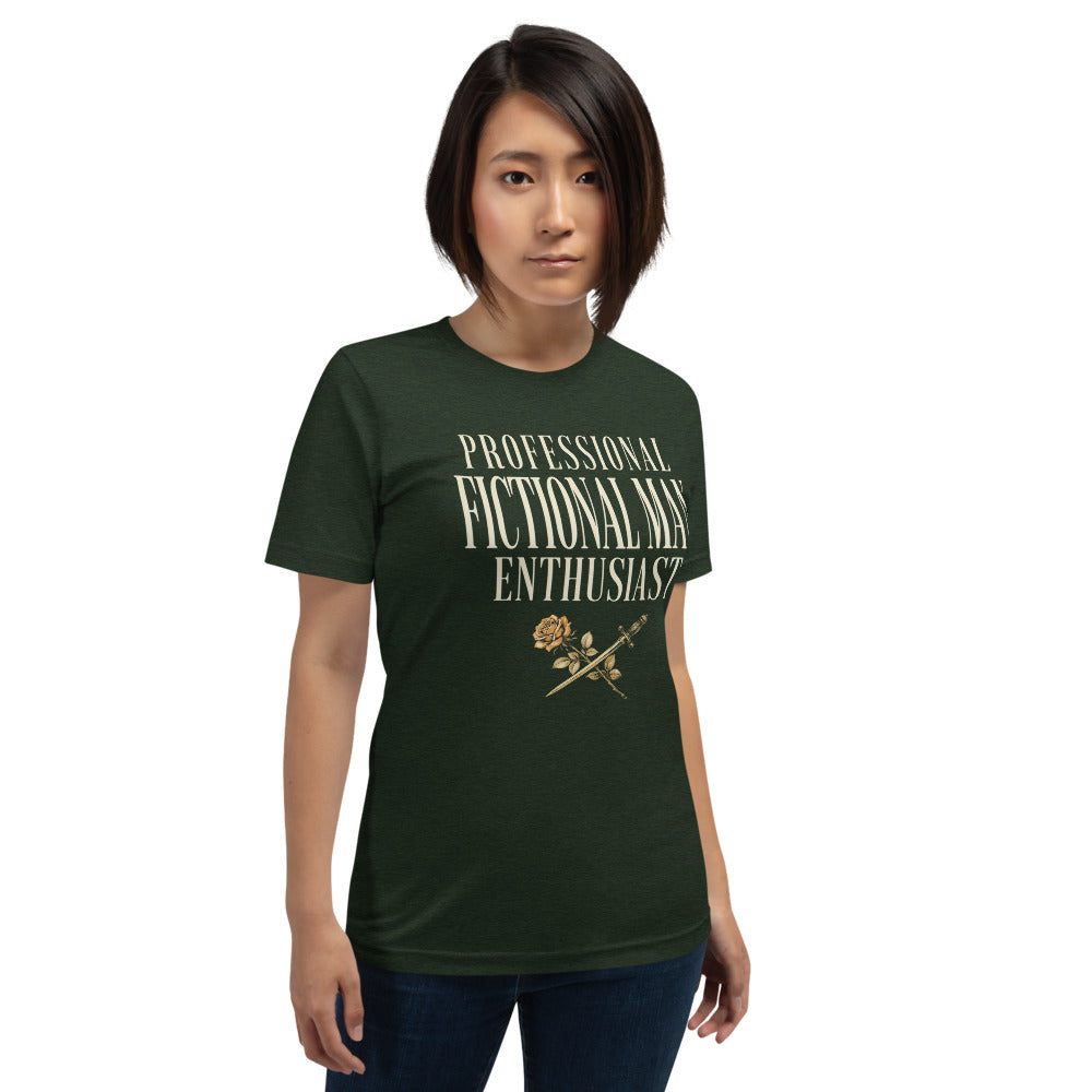 Professional Fictional Man Enthusiast book lover dark academia tee — Heather Emerald, on model