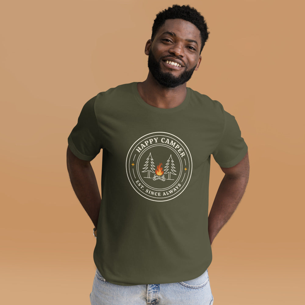 Happy Camper retro camp badge tee — Military Green, on model
