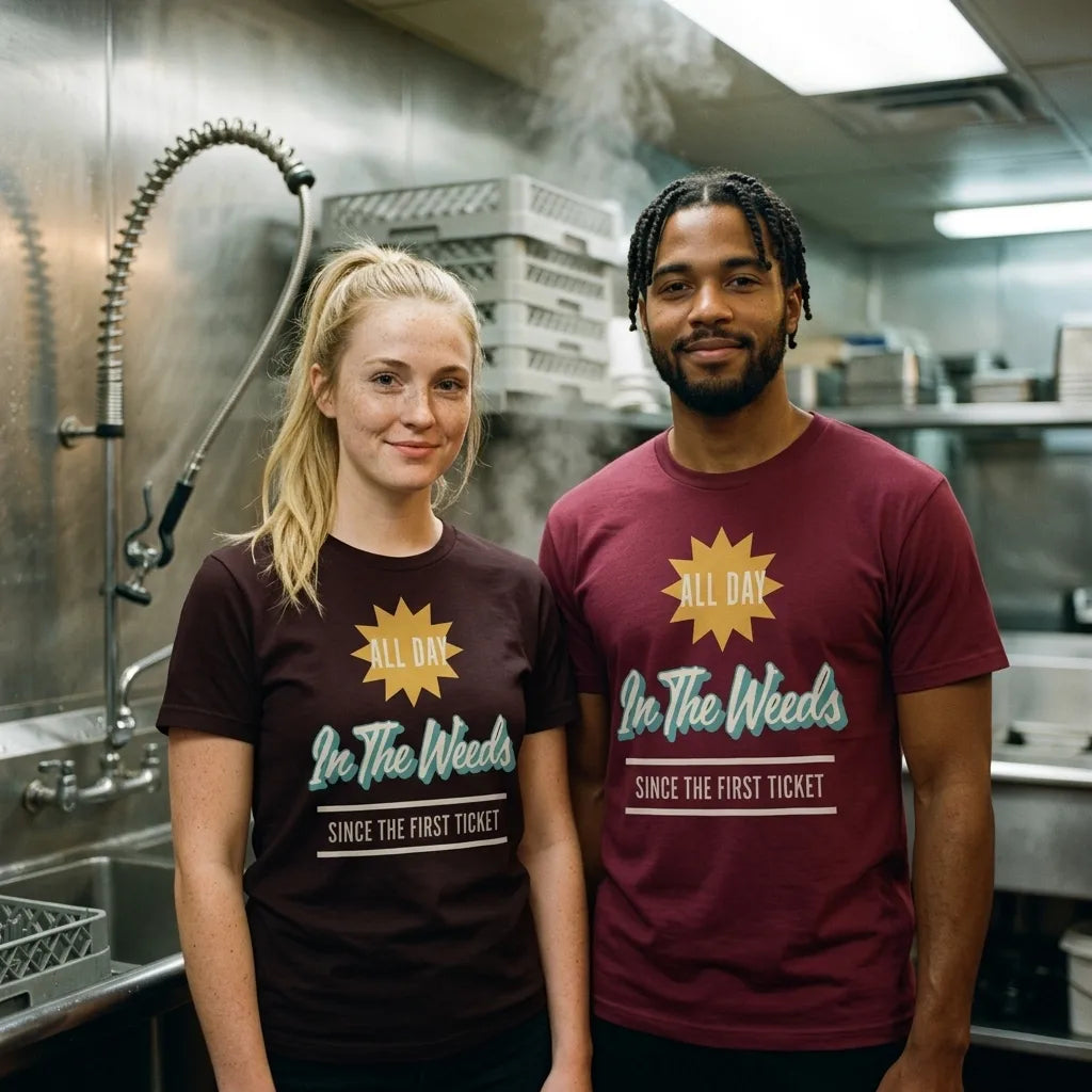 In The Weeds line cook retro diner service sign t-shirt — lifestyle