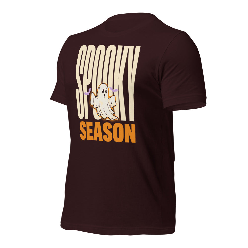 Spooky Season retro Halloween ghost typography tee — Oxblood Black, front-right