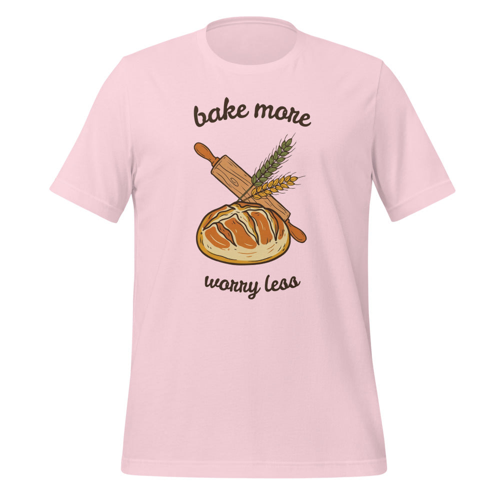 Bake More Worry Less retro kitchen sourdough tee — Soft Pink, front