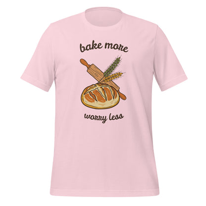Bake More Worry Less retro kitchen sourdough tee — Soft Pink, front