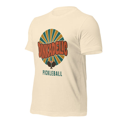 Dinkadelic retro 70s pickleball tee — Heather Natural, front-right angle