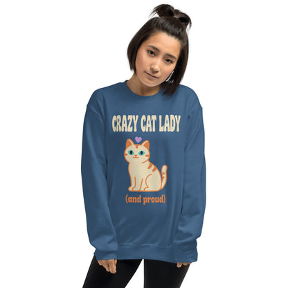 Crazy Cat Lady and Proud retro Y2K crewneck sweatshirt — Indigo Blue, on model
