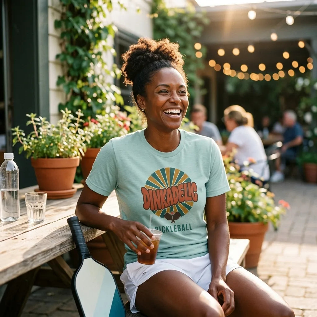 Dinkadelic retro 70s pickleball tee — woman relaxing on sunny clubhouse patio in Heather Prism Dusty Blue tee