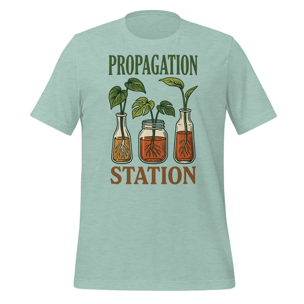Propagation Station retro botanical plant lover tee — Heather Prism Dusty Blue, front