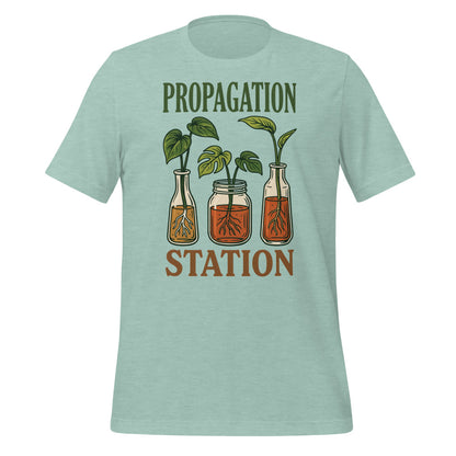Propagation Station retro botanical plant lover tee — Heather Prism Dusty Blue, front