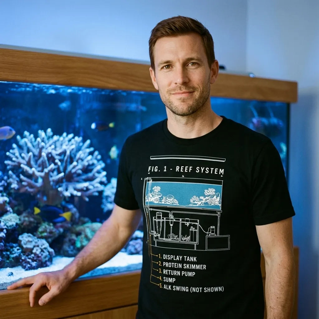 Reef System technical cutaway saltwater aquarium t-shirt — lifestyle