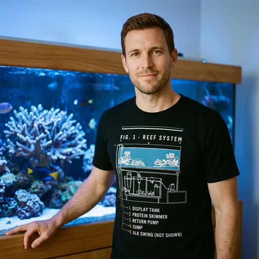 Reef System technical cutaway saltwater aquarium t-shirt — lifestyle