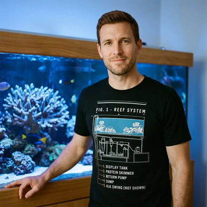 Reef System technical cutaway saltwater aquarium t-shirt — lifestyle