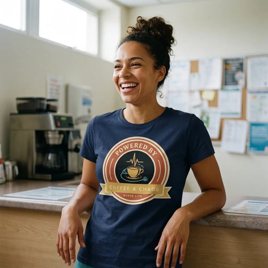 Powered by Coffee & Chaos retro nurse badge tee — lifestyle
