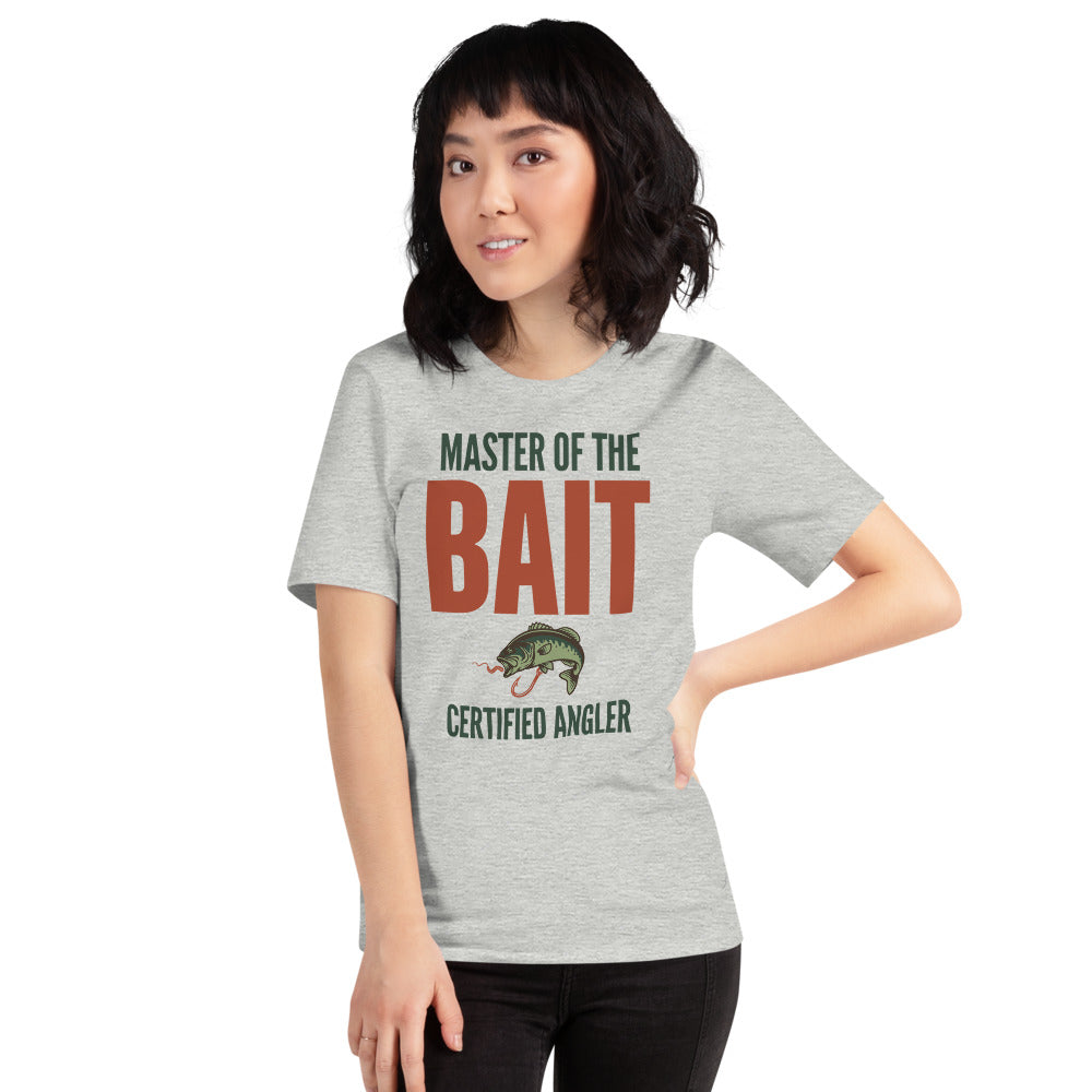 Master of the Bait retro fishing humor typography tee — Athletic Heather, on model