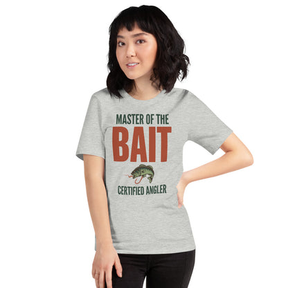 Master of the Bait retro fishing humor typography tee — Athletic Heather, on model
