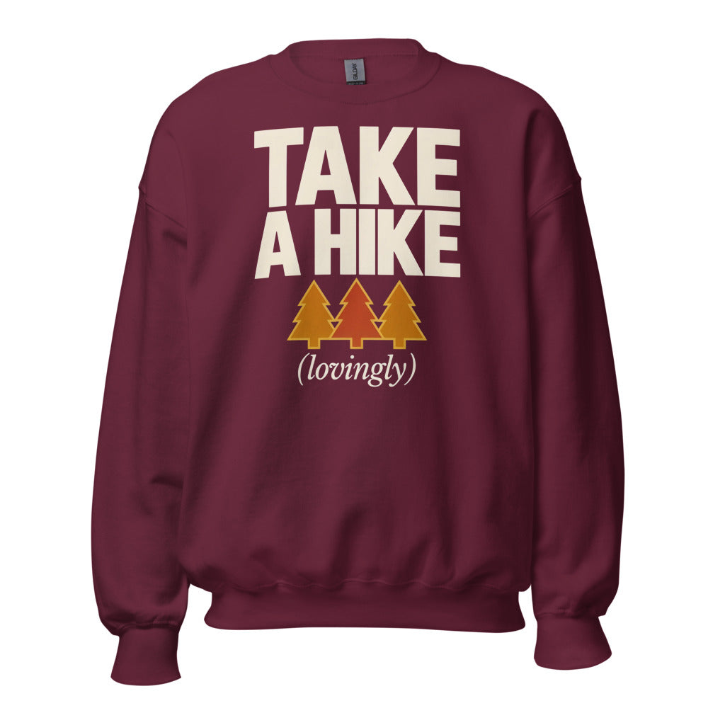 Take a Hike retro outdoors humor typography crewneck sweatshirt — Maroon, front