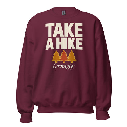 Take a Hike retro outdoors humor typography crewneck sweatshirt — Maroon, front