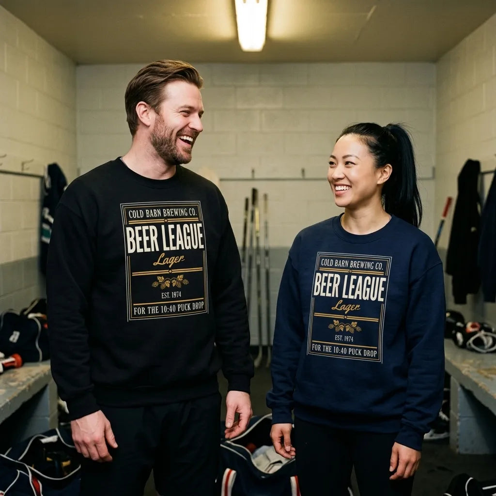Beer League Cold Barn Brewing lager crewneck sweatshirt — lifestyle