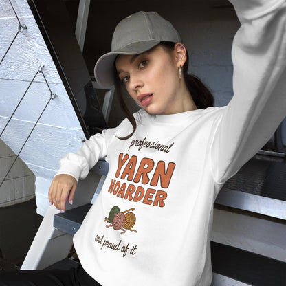 Professional Yarn Hoarder crochet cottagecore crewneck sweatshirt — White, model