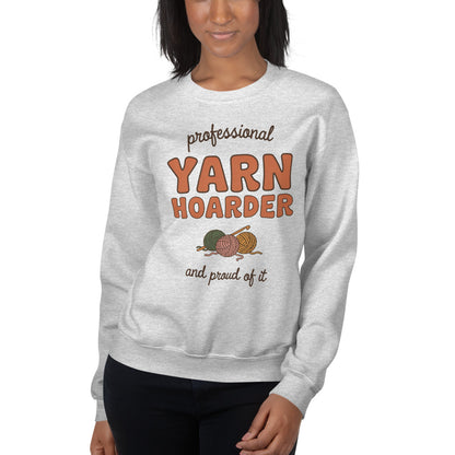 Professional Yarn Hoarder crochet cottagecore crewneck sweatshirt — Ash, model