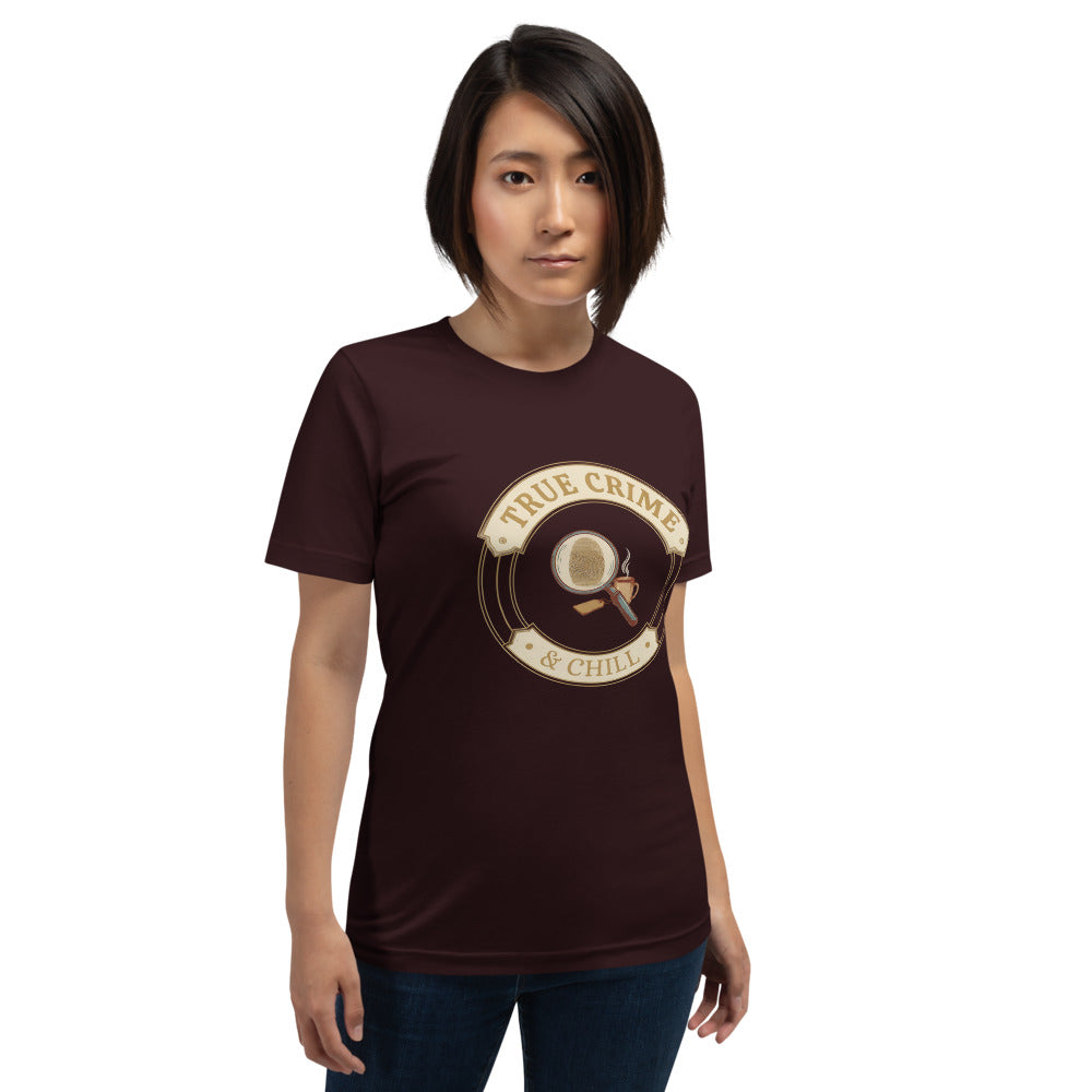 True Crime and Chill vintage case-file badge tee — Oxblood Black, on model