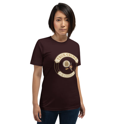 True Crime and Chill vintage case-file badge tee — Oxblood Black, on model