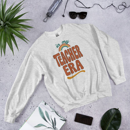 In My Teacher Era retro groovy teacher crewneck sweatshirt — Ash, front flat lay