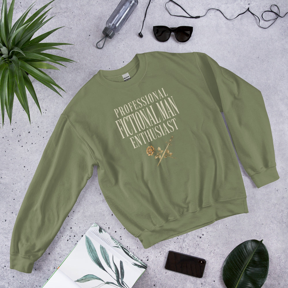 Professional Fictional Man Enthusiast book lover dark academia crewneck sweatshirt — Military Green, front detail