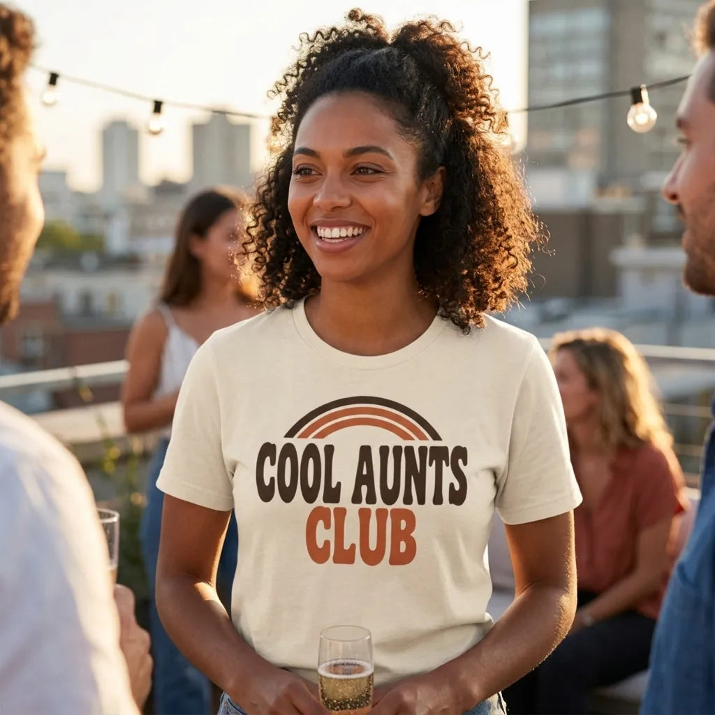 Cool Aunts Club retro groovy aunt tee — lifestyle
