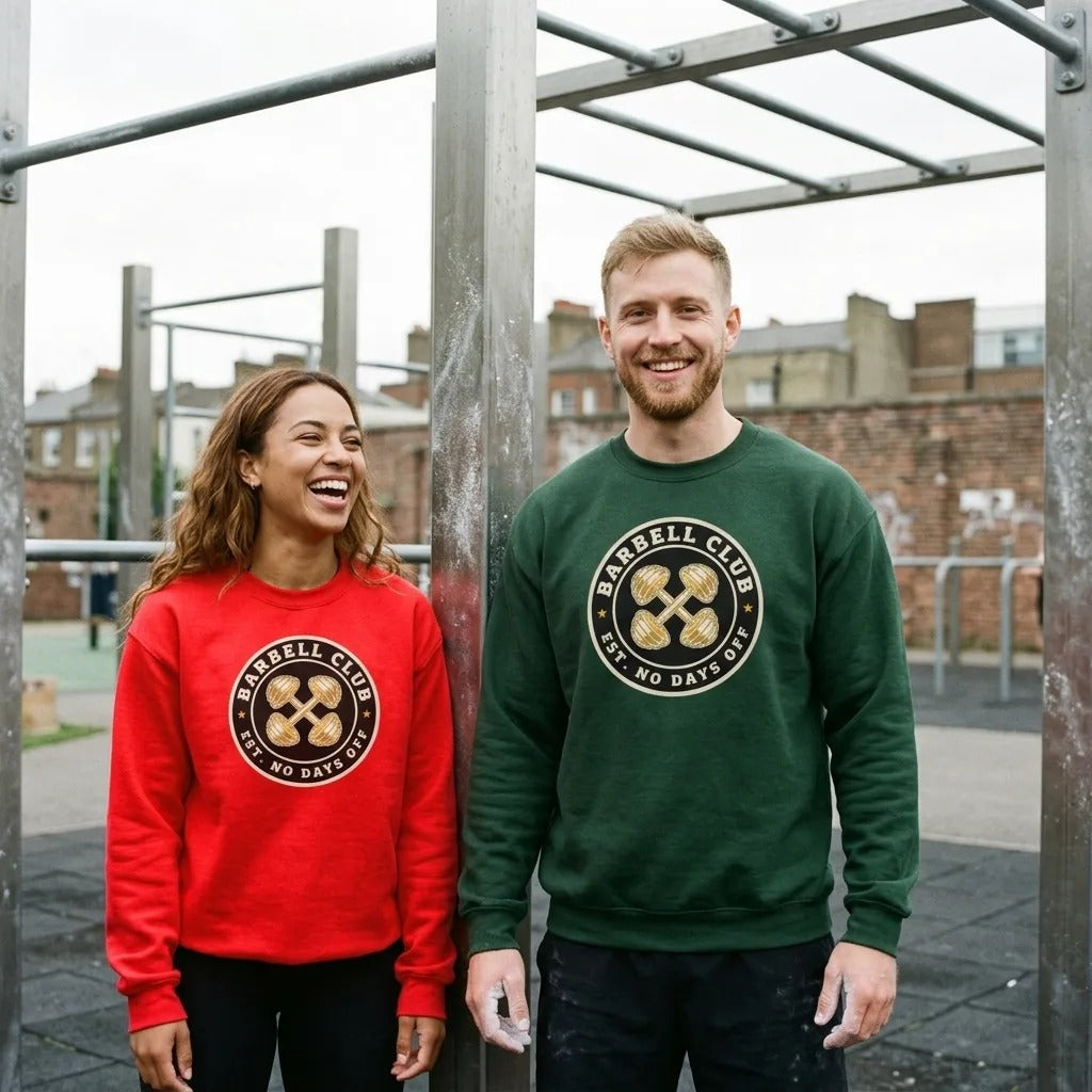 Barbell Club No Days Off vintage gym crewneck sweatshirt — lifestyle