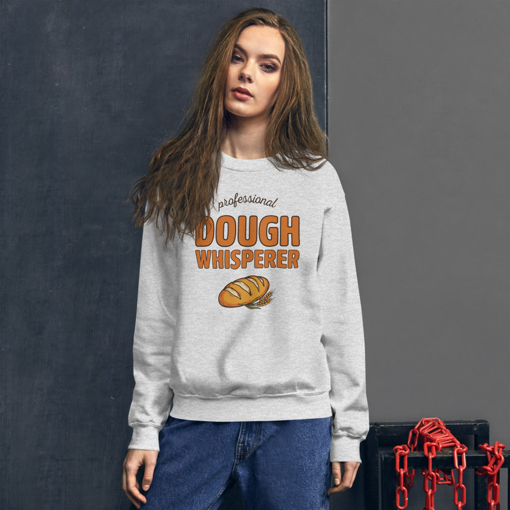 Professional Dough Whisperer funny baker crewneck sweatshirt — Ash, on model