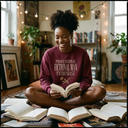 Woman reading among books in a maroon Professional Fictional Man Enthusiast dark academia crewneck sweatshirt