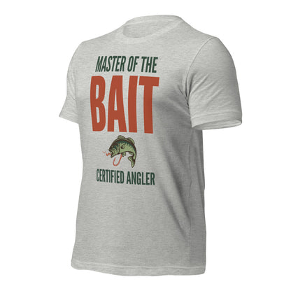 Master of the Bait retro fishing humor typography tee — Athletic Heather, front-right