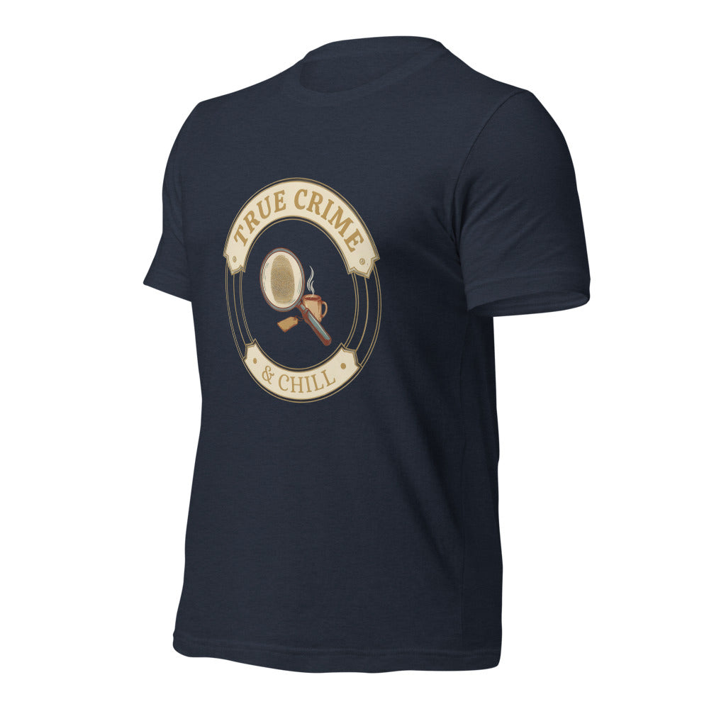 True Crime and Chill vintage case-file badge tee — Heather Navy, front-right