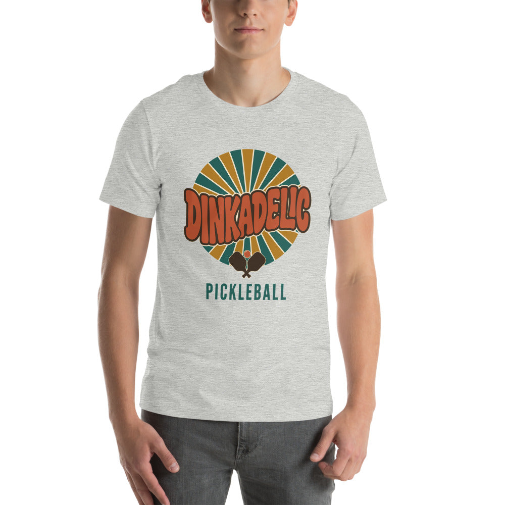 Dinkadelic retro 70s pickleball tee — Athletic Heather, on model